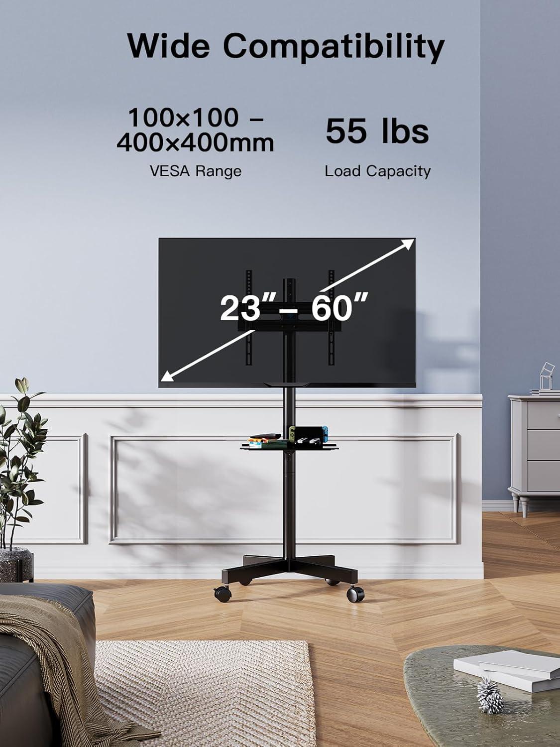 imagePERLESMITH Rolling TV Stand on Wheels for 2360 Inch Flat Curved Screen TVs Mobile TV Cart Height Adjustable with ShelfTray Portable TV Stand Holds up to 55 lbs Max VESA 400x400mm PSTVMC04Deeep Black