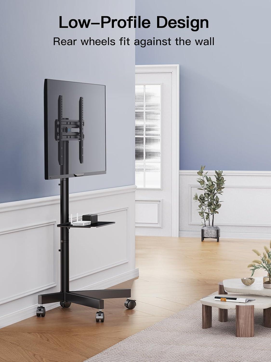 imagePERLESMITH Rolling TV Stand on Wheels for 2360 Inch Flat Curved Screen TVs Mobile TV Cart Height Adjustable with ShelfTray Portable TV Stand Holds up to 55 lbs Max VESA 400x400mm PSTVMC04Deeep Black