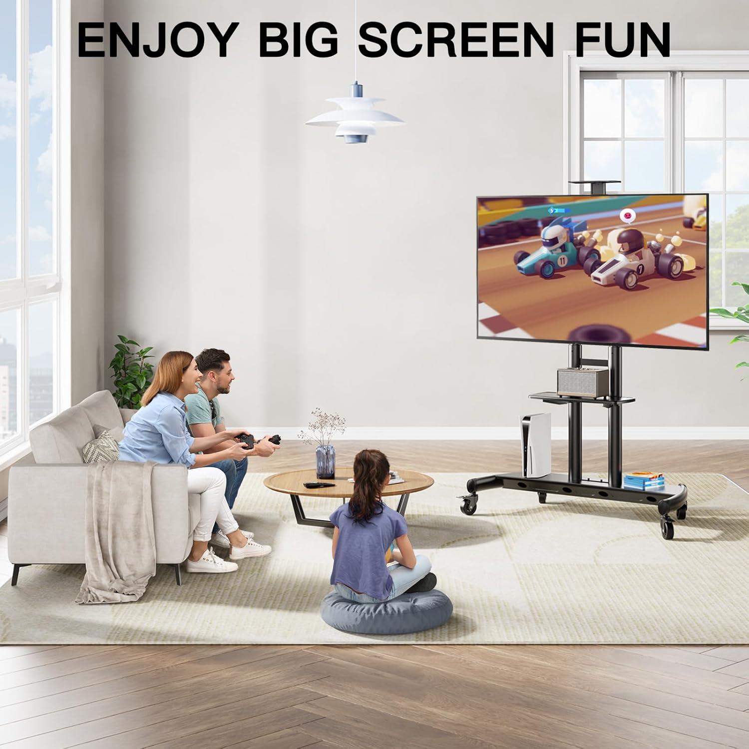 imagePERLESMITH Rolling TV Stand on Wheels for 3283 Inch Screens up to 110lbs Mobile TV Cart Height Adjustable Portable Outdoor TV Stand Tilt Rolling TV Cart with Shelf Max VESA 600x400mm PSTVMC035590 Inch