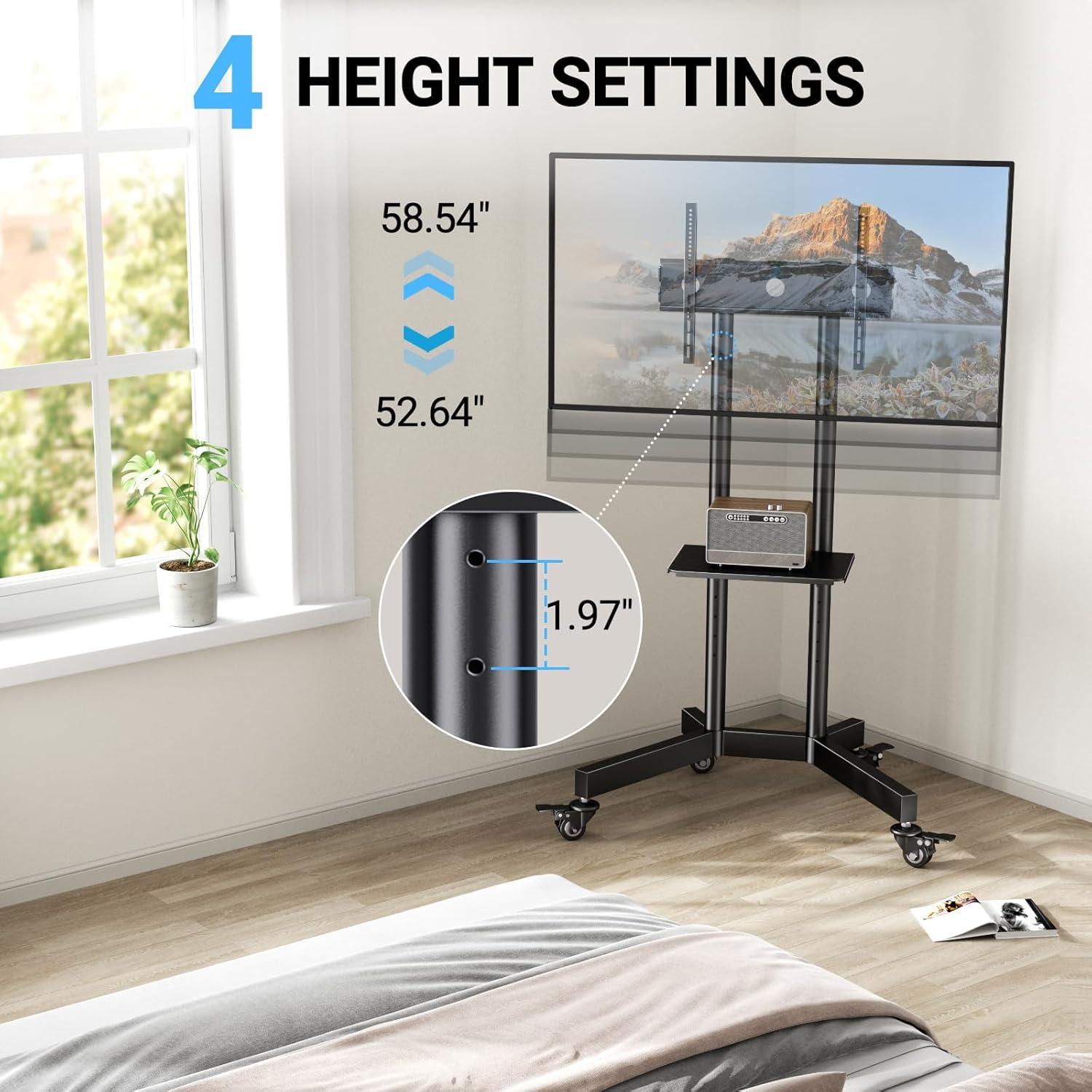 imagePERLESMITH Rolling TV Stand on Wheels for 3283 Inch Screens up to 110lbs Mobile TV Cart Height Adjustable Portable Outdoor TV Stand Tilt Rolling TV Cart with Shelf Max VESA 600x400mm PSTVMC033286 Inch