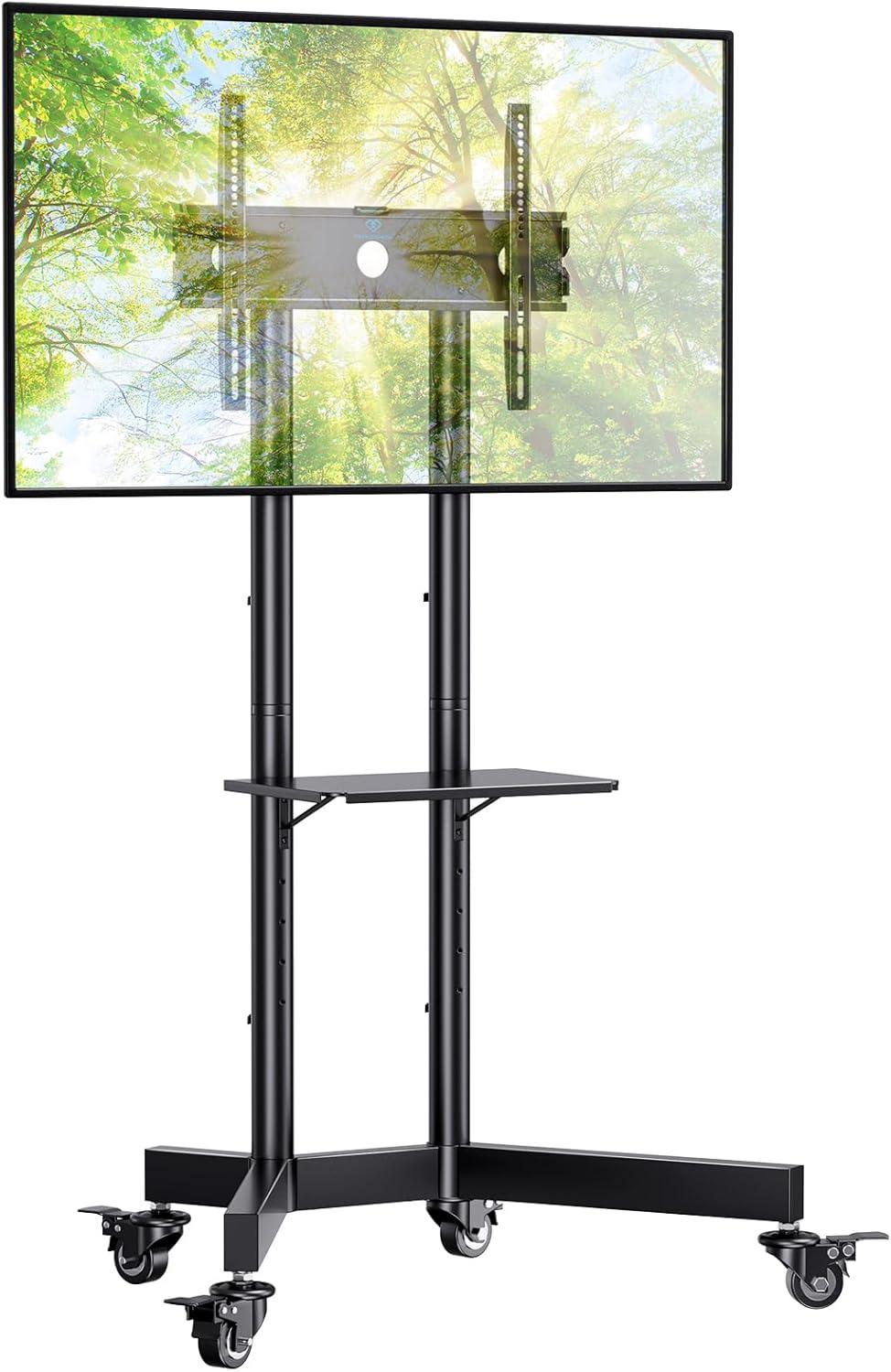 imagePERLESMITH Rolling TV Stand on Wheels for 3283 Inch Screens up to 110lbs Mobile TV Cart Height Adjustable Portable Outdoor TV Stand Tilt Rolling TV Cart with Shelf Max VESA 600x400mm PSTVMC033286 Inch