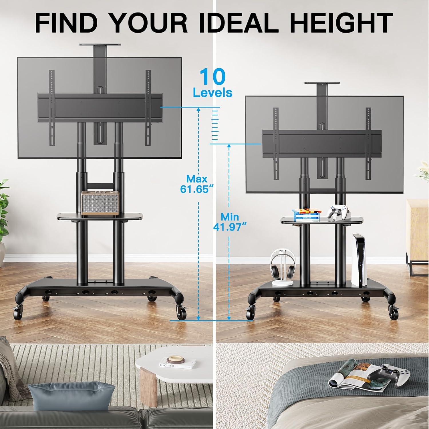 imagePERLESMITH Rolling TV Stand on Wheels for 3283 Inch Screens up to 110lbs Mobile TV Cart Height Adjustable Portable Outdoor TV Stand Tilt Rolling TV Cart with Shelf Max VESA 600x400mm PSTVMC035590 Inch