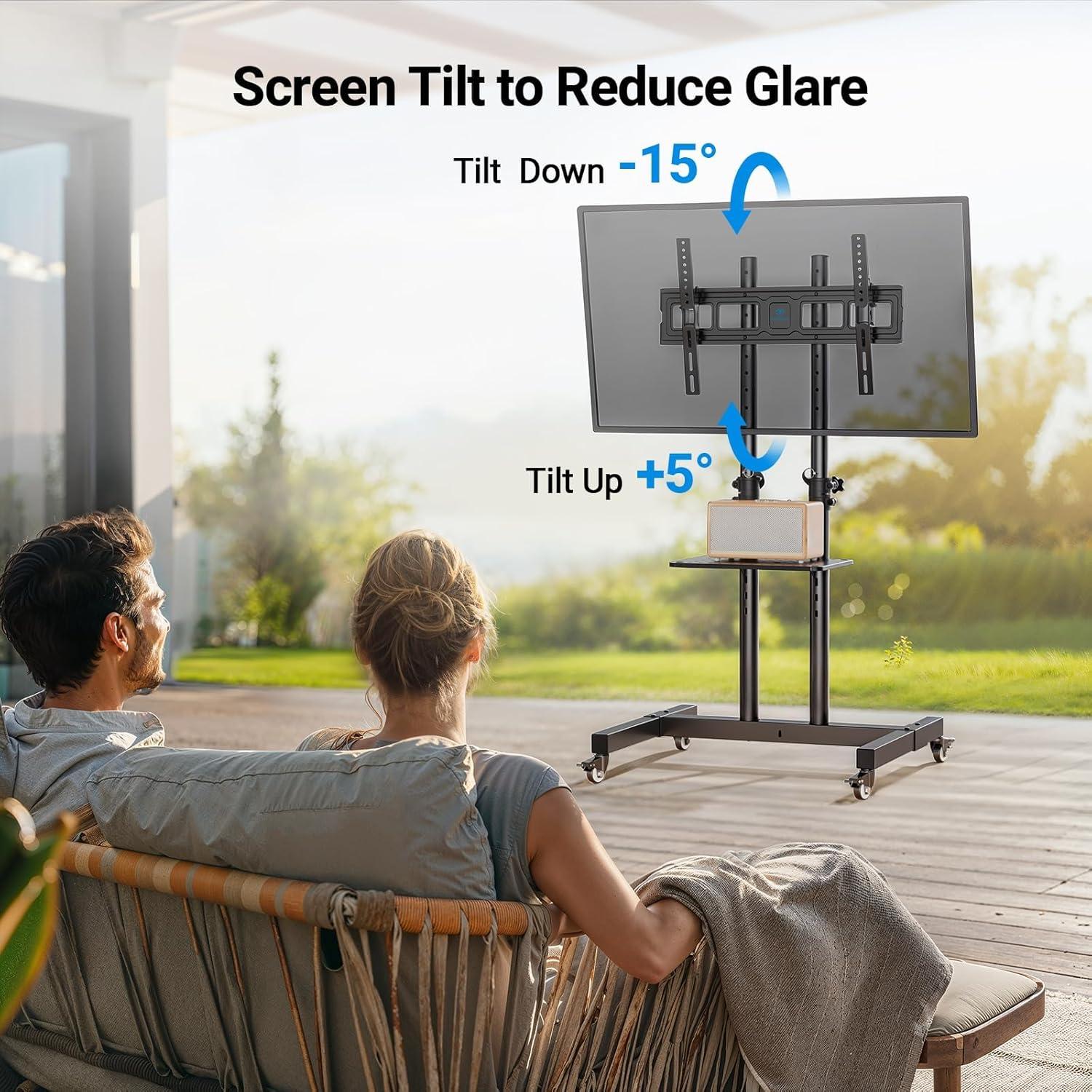 imagePERLESMITH Rolling TV Stand on Wheels for 3283 Inch Screens up to 110lbs Mobile TV Cart Height Adjustable Portable Outdoor TV Stand Tilt Rolling TV Cart with Shelf Max VESA 600x400mm PSTVMC033283 Inch
