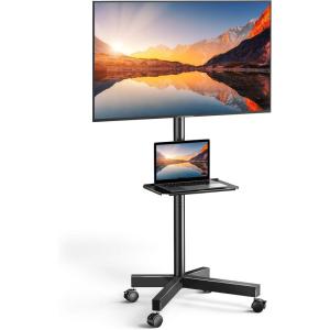 PERLESMITH Rolling TV Stand on Wheels for 23-60 Inch Flat Curved Screen TVs, Mobile TV Cart Height – Adjustable with Shelf/Tray, Portable TV Stand Holds up to 55 lbs, Max VESA 400x400mm, PSTVMC04(Deeep Black)