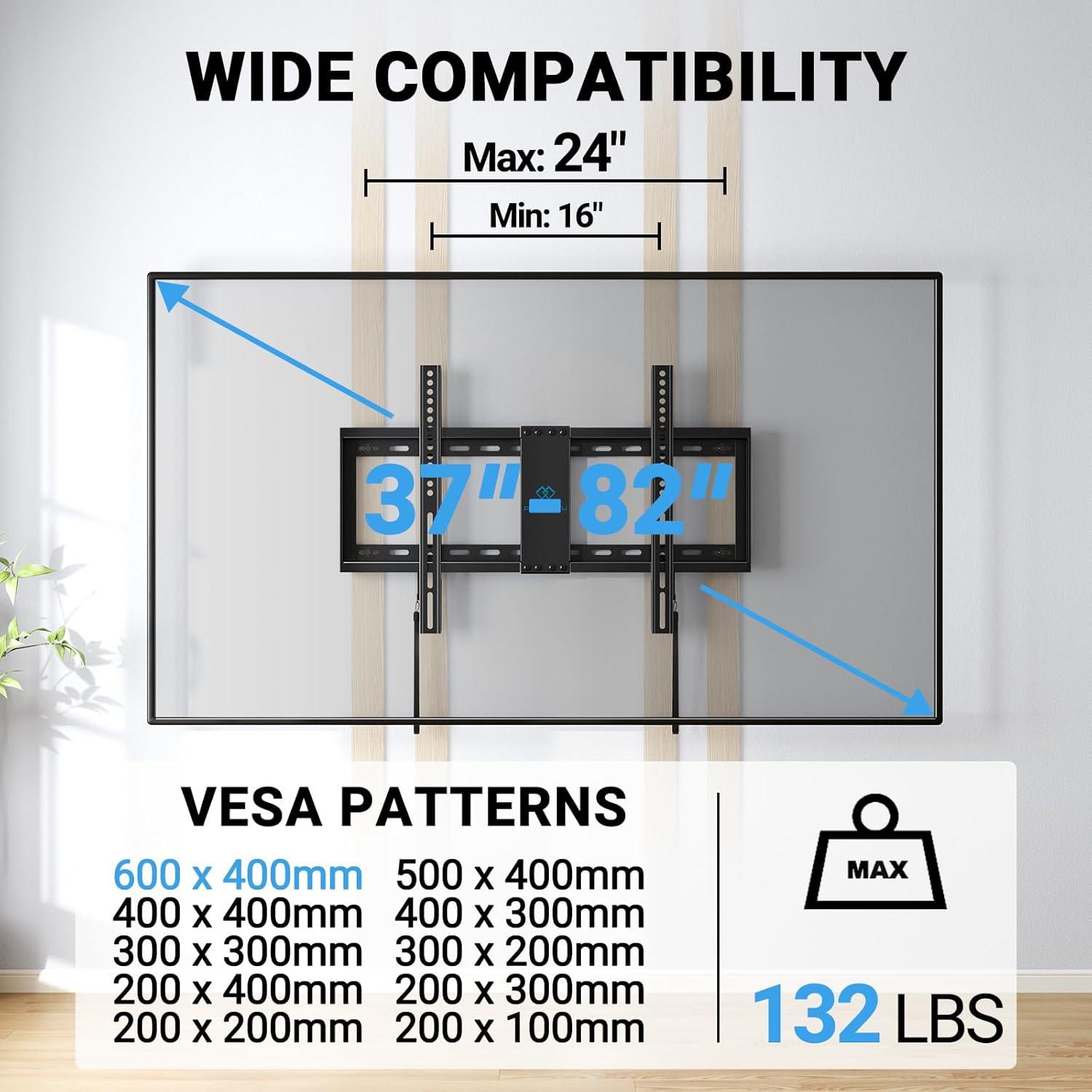imagePERLESMITH Fixed TV Wall Mount Bracket Low Profile Design for Most 2660 inch LED LCD OLED4K Flat Screen TVs up to 115lb Ultra Slim Fixed TV Mount with Max VESA 400x400mm Fits 16 inch Wood StudBlack