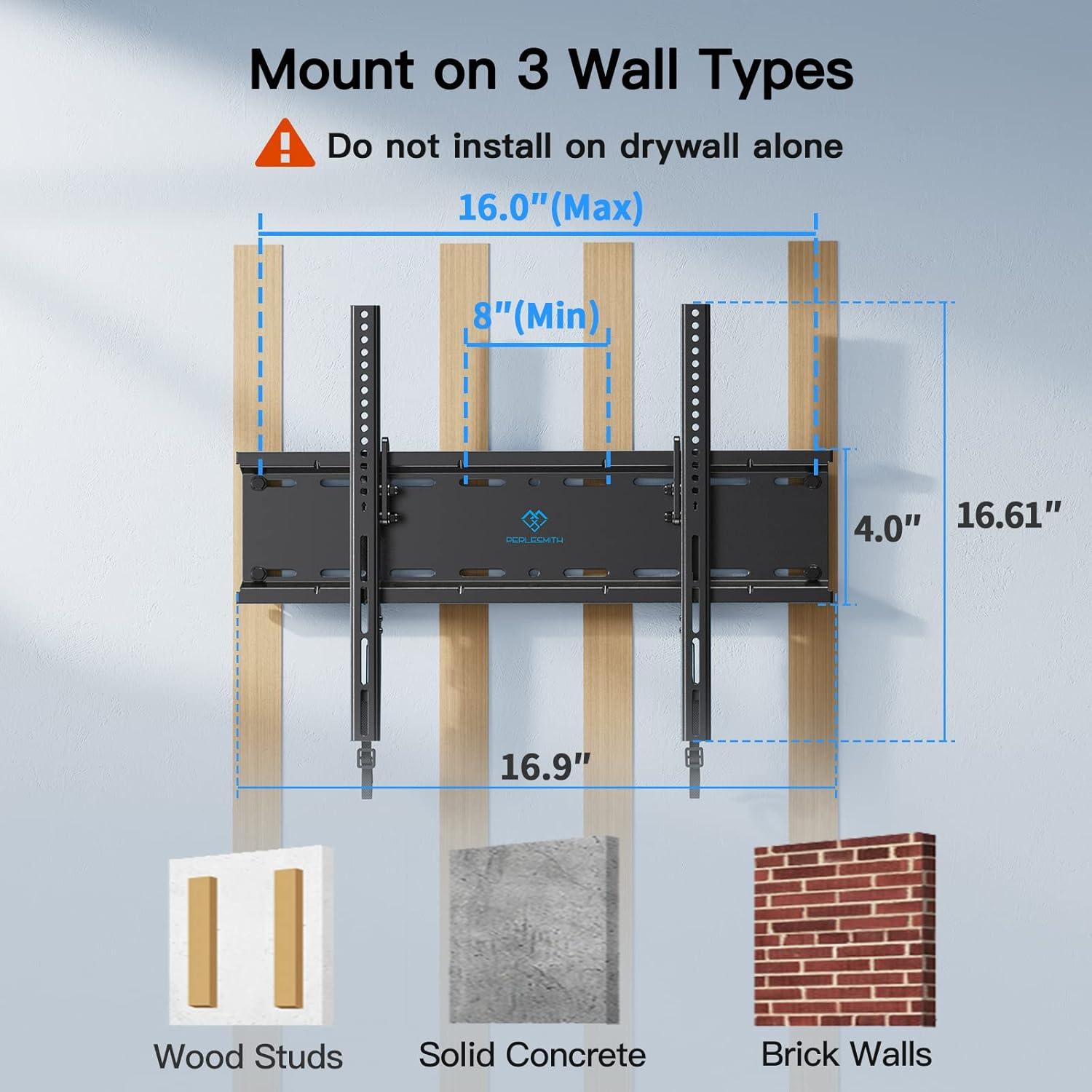 imagePERLESMITH Fixed TV Wall Mount Bracket Low Profile Design for Most 2660 inch LED LCD OLED4K Flat Screen TVs up to 115lb Ultra Slim Fixed TV Mount with Max VESA 400x400mm Fits 16 inch Wood StudBlack