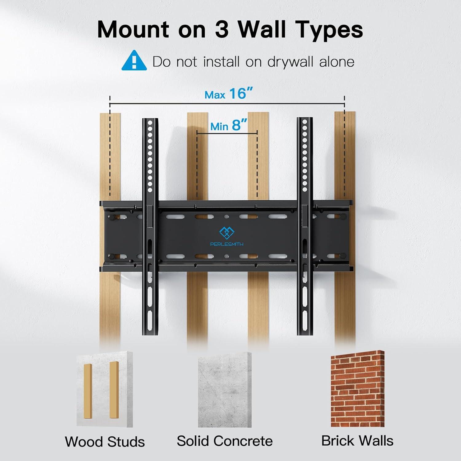 imagePERLESMITH Fixed TV Wall Mount Bracket Low Profile Design for Most 2660 inch LED LCD OLED4K Flat Screen TVs up to 115lb Ultra Slim Fixed TV Mount with Max VESA 400x400mm Fits 16 inch Wood StudBlack