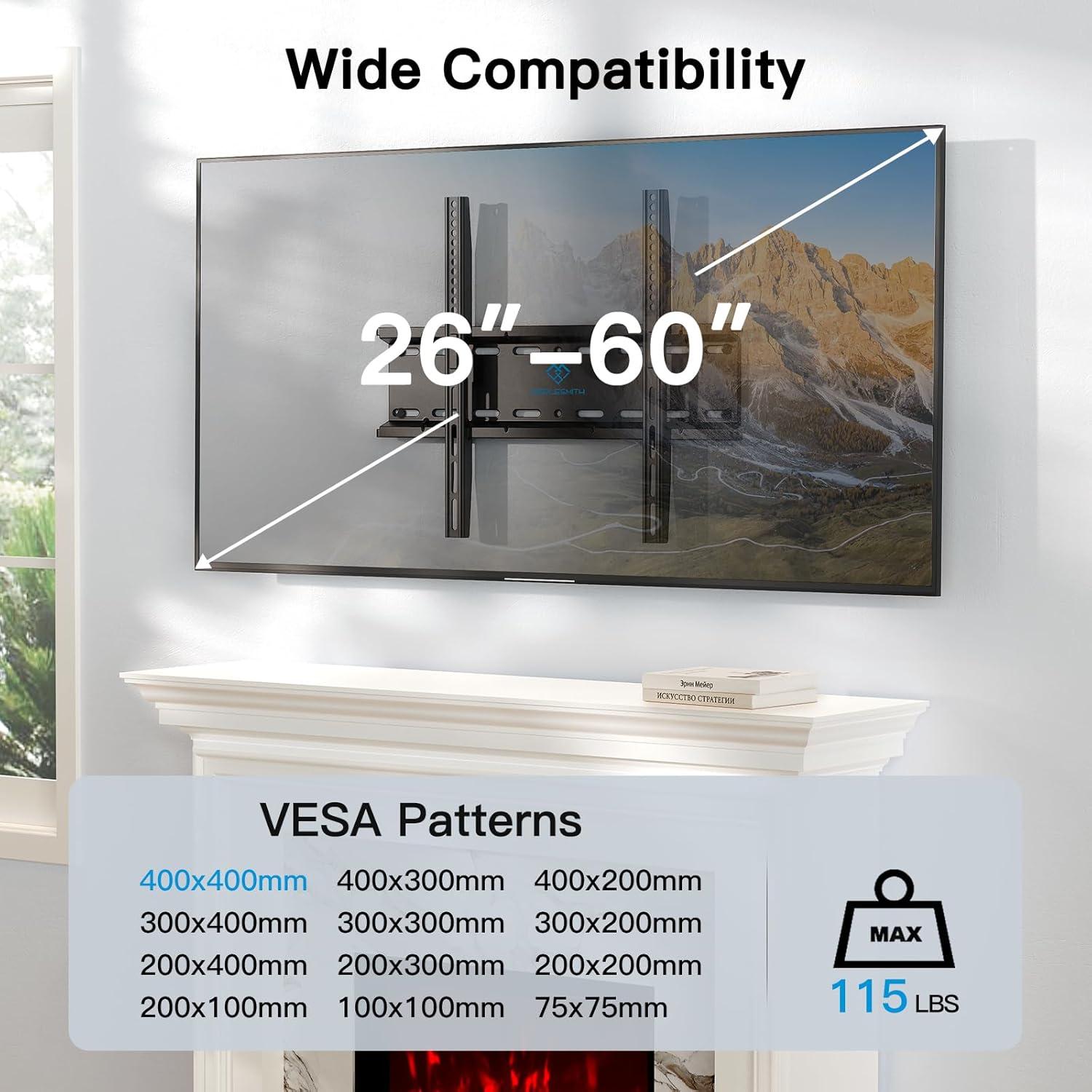 imagePERLESMITH Fixed TV Wall Mount Bracket Low Profile Design for Most 2660 inch LED LCD OLED4K Flat Screen TVs up to 115lb Ultra Slim Fixed TV Mount with Max VESA 400x400mm Fits 16 inch Wood StudBlack