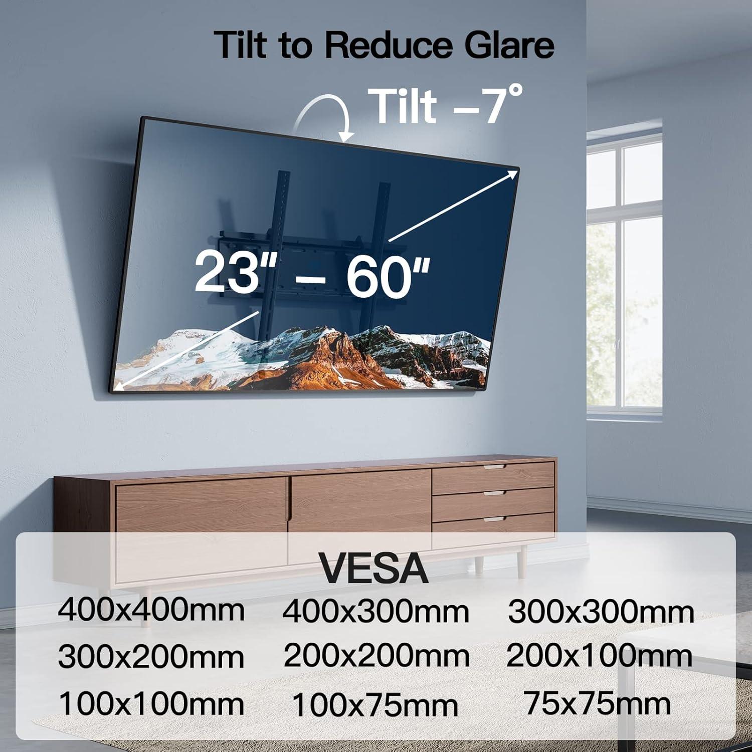 imagePERLESMITH Fixed TV Wall Mount Bracket Low Profile Design for Most 2660 inch LED LCD OLED4K Flat Screen TVs up to 115lb Ultra Slim Fixed TV Mount with Max VESA 400x400mm Fits 16 inch Wood StudBlack