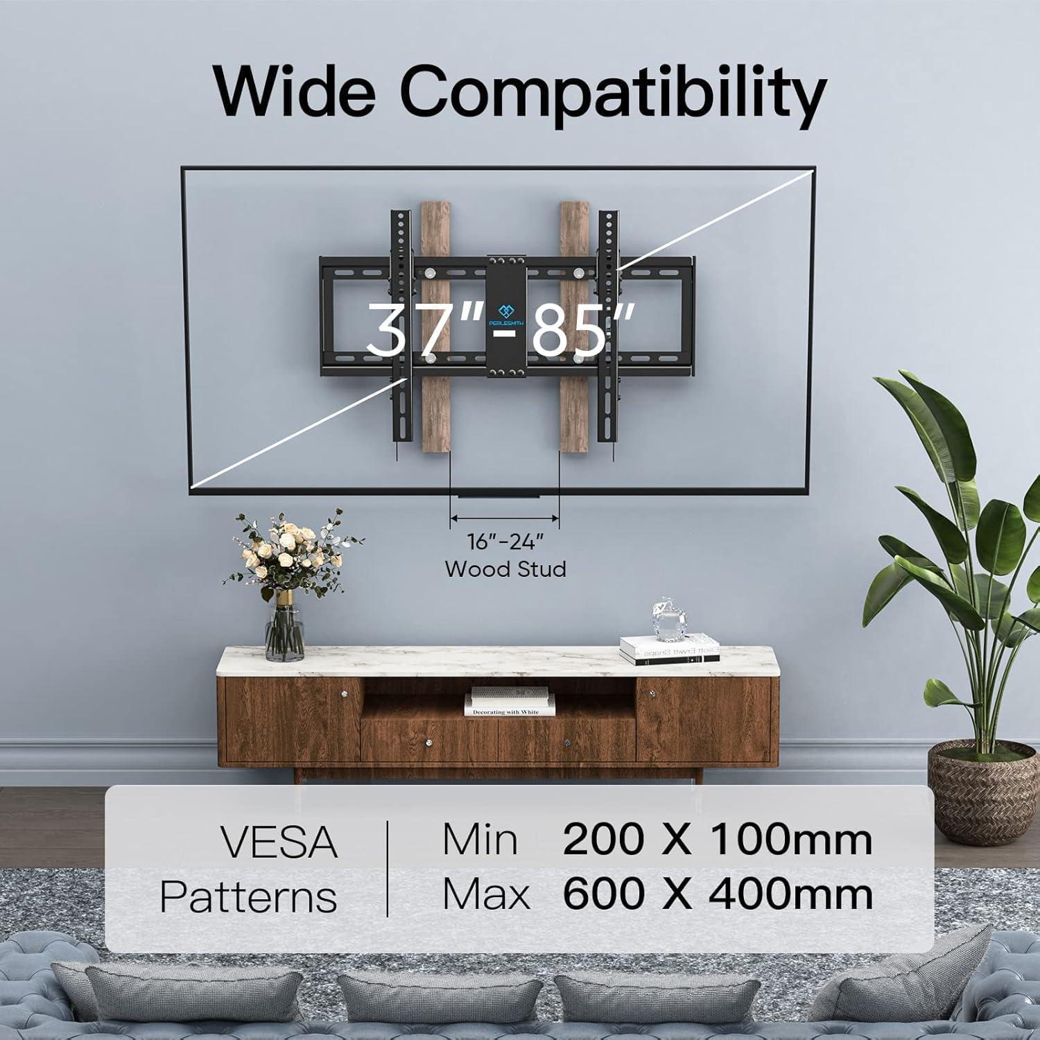 imagePERLESMITH Fixed TV Wall Mount Bracket Low Profile Design for Most 2660 inch LED LCD OLED4K Flat Screen TVs up to 115lb Ultra Slim Fixed TV Mount with Max VESA 400x400mm Fits 16 inch Wood StudBlack