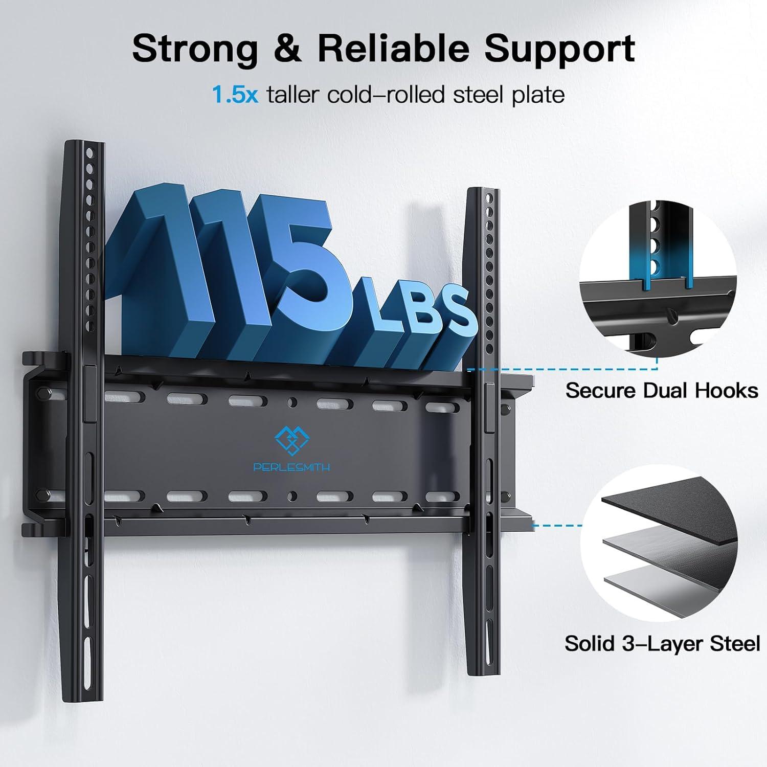 imagePERLESMITH Fixed TV Wall Mount Bracket Low Profile Design for Most 2660 inch LED LCD OLED4K Flat Screen TVs up to 115lb Ultra Slim Fixed TV Mount with Max VESA 400x400mm Fits 16 inch Wood StudBlack
