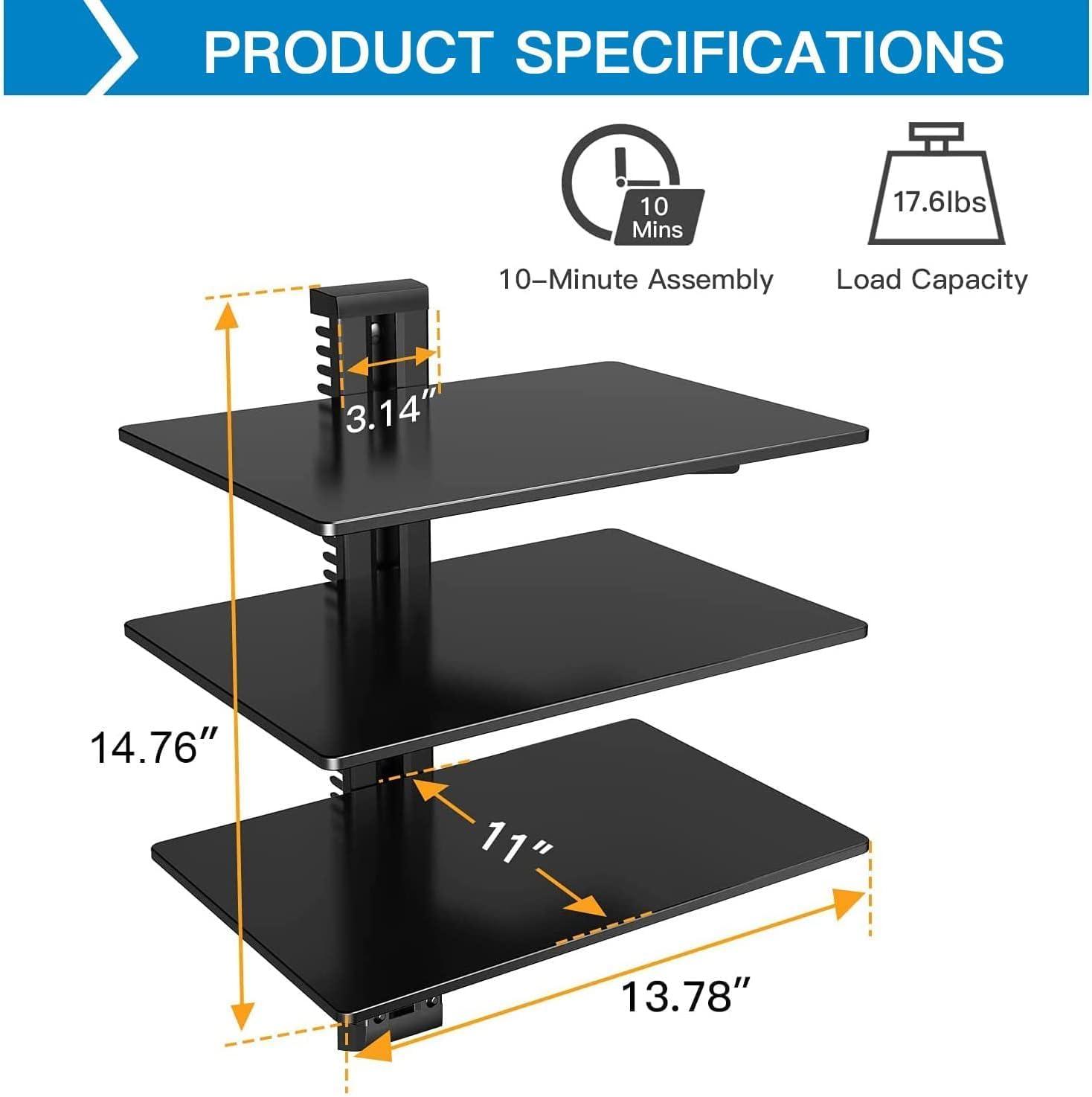imagePERLESMITH Floating Wall Mounted Shelf AV Mount Shelf Holds up to 165lbs DVD DVR Component Shelf with Strengthened Tempered Glass Perfect for DVD Players TV Box and Cable Box PSDSK3Black