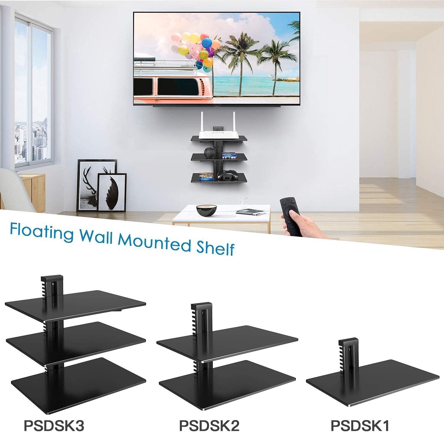 imagePERLESMITH Floating Wall Mounted Shelf AV Mount Shelf Holds up to 165lbs DVD DVR Component Shelf with Strengthened Tempered Glass Perfect for DVD Players TV Box and Cable Box PSDSK3Black