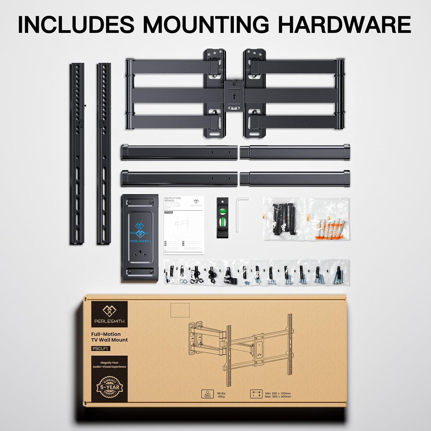 imagePERLESMITH Corner TV Wall Mount Full Motion Corner TV Bracket Fits 3770 Inch LED LCD 4K Flat Curved Screen TVs Hold up to 99 lbs Max VESA 600x400 Tilt Swivel and Level PSCLF1