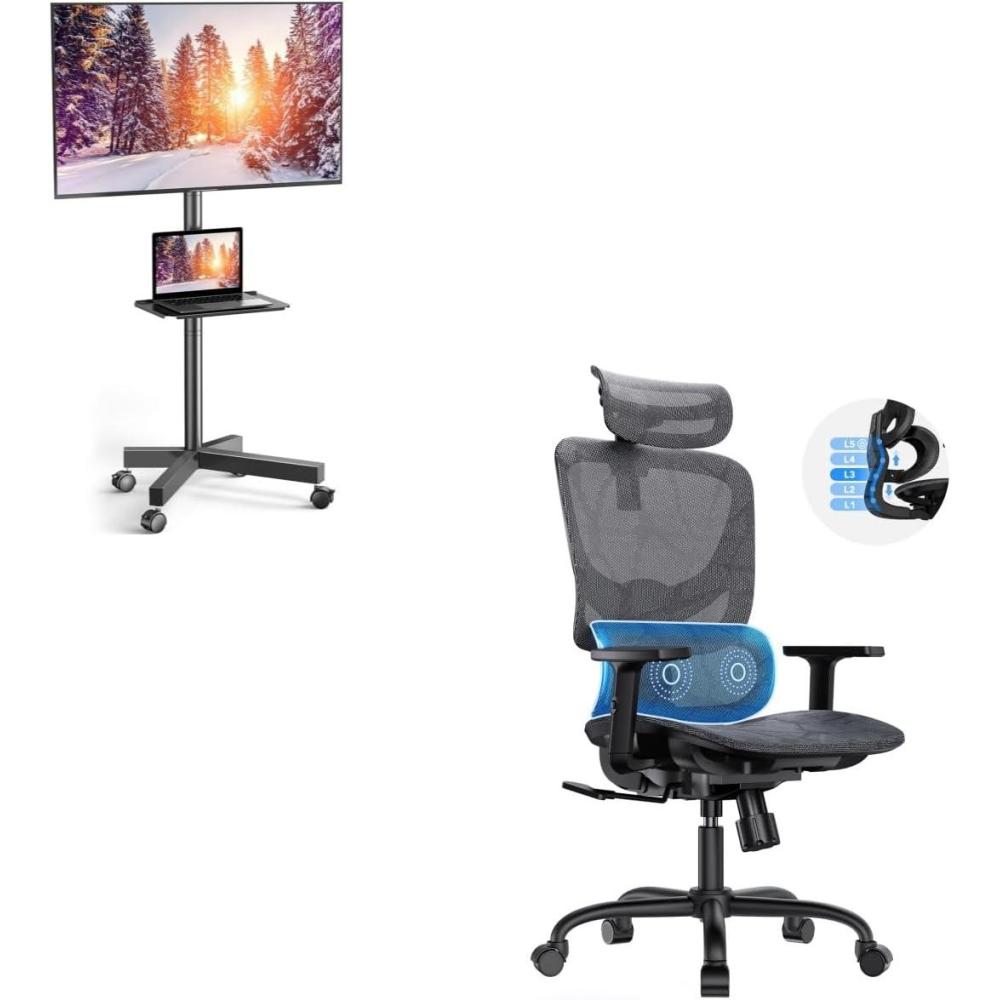 imageMobile TV Cart with Wheels for 2360 Inch LCD LED OLED Flat Curved Screen Outdoor TVs with Ergonomic Mesh Office Chair High Back Desk Chair with Adjustable Lumbar Support
