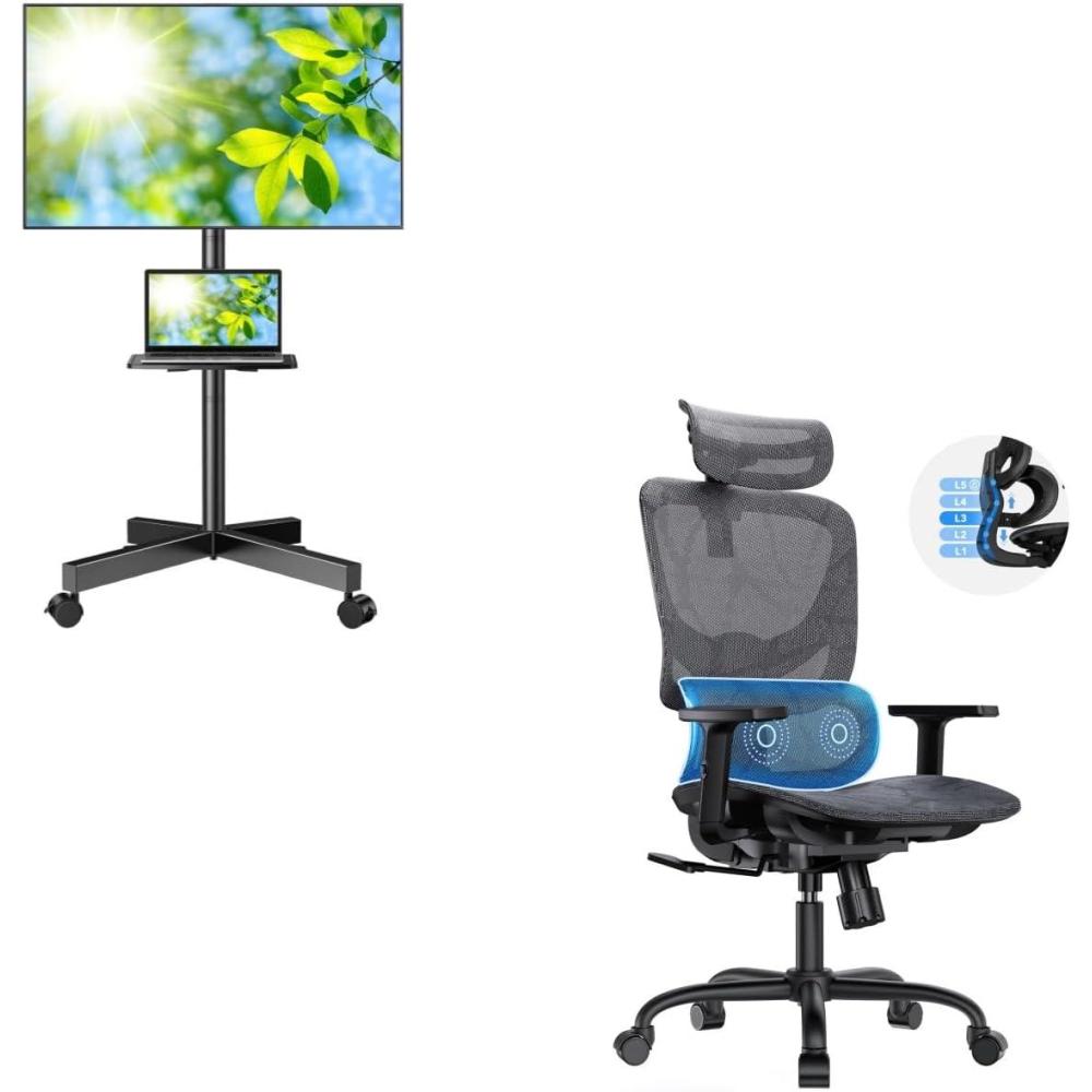 imageMobile TV Stand for 2360 Inch LCD LED FlatCurved Panel Screen TVs with Ergonomic Mesh Office Chair High Back Desk Chair with Adjustable Lumbar Support Armrests Rocking Tilt