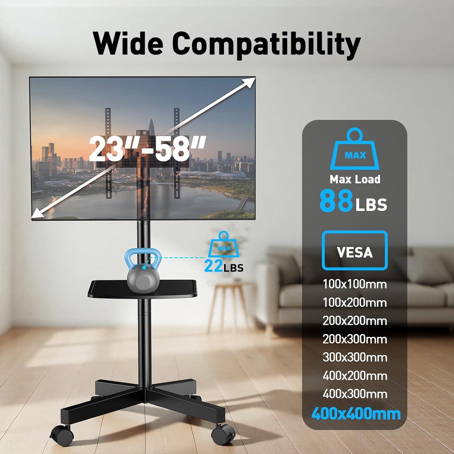 imagePERLESMITH Rolling TV Stand for 2358 Inch FlatCurved Screen TVs up to 88 lbs Mobile TV Stand on Wheels Portable TV Stand with Tilt amp Height AdjustableOutdoor TV Stand Max VESA 400x400mm PSTVMC10