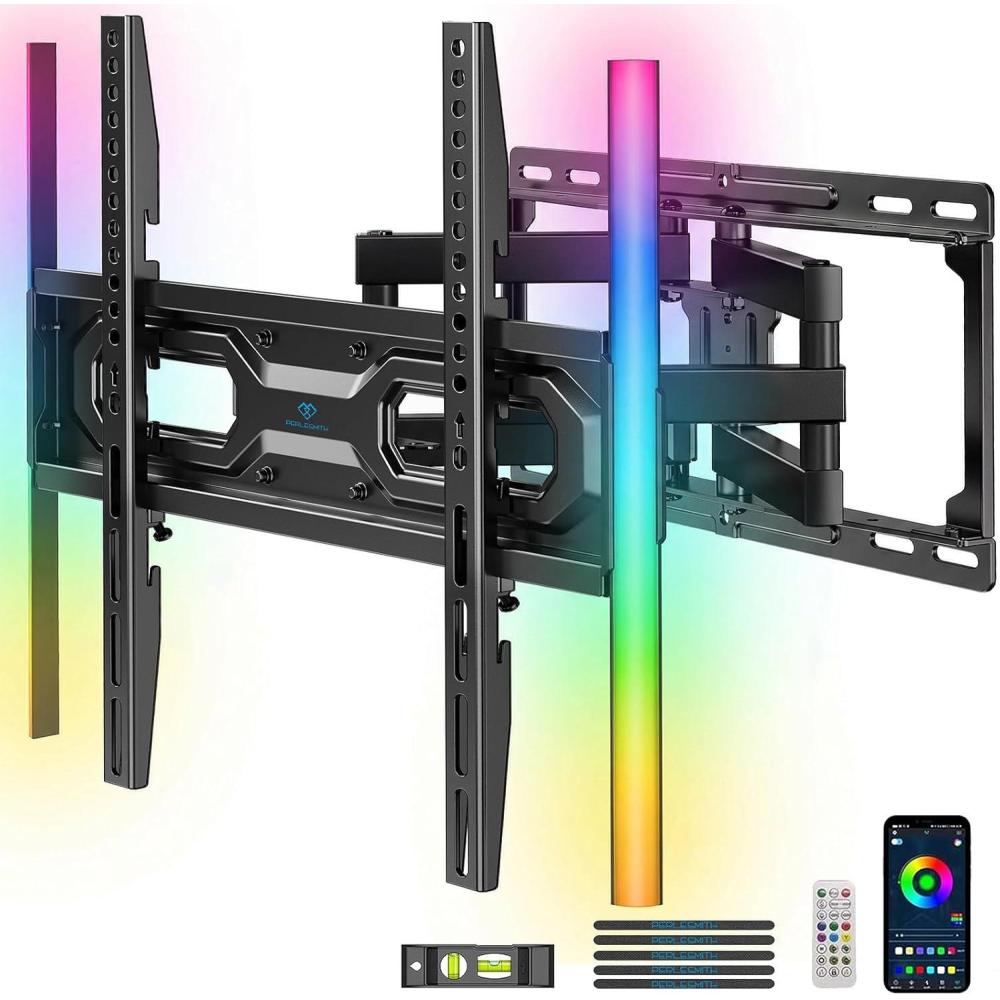 imagePERLESMITH Full Motion TV Wall Mount with LED Lights for 2865 Inch TVs PreAssembled TV Mount Up to 88 lbs Max VESA 400x400mm Swivel Extension Tilt Music Sync Backlights Fits 1216 Wood StudsFits 2865 TVs Max 16 Wood Stud