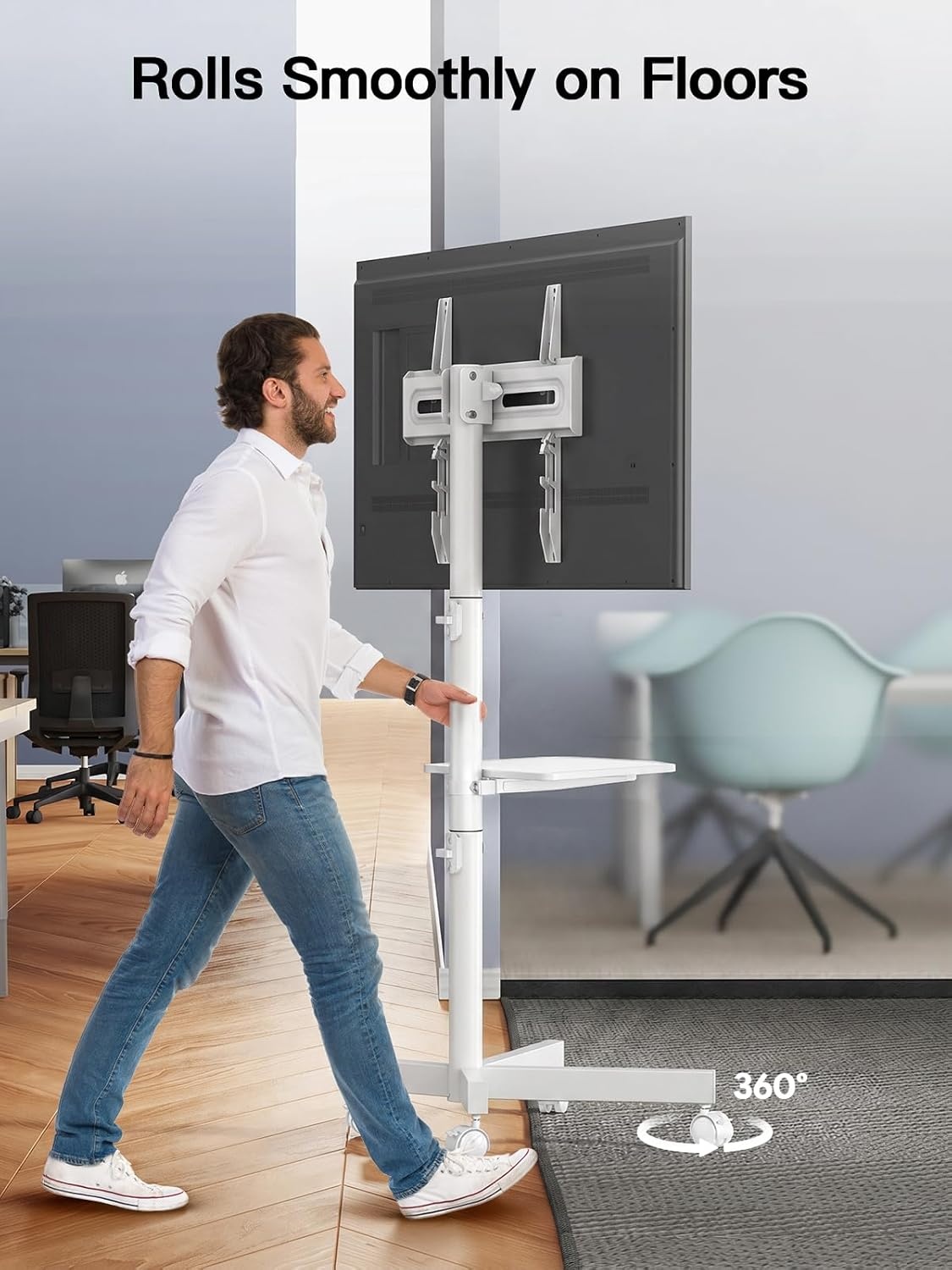 image:imagePERLESMITH Rolling White TV Stand for 2365 Inch TVs up to 99 lbs Portable TV Stand on Wheels with Height Adjustable Shelf Outdoor Mobile White TV Cart for Bedroom Max VESA 400x400mm PSTVMC04WWhite
